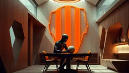 The image features a stylized interior space with a futuristic design. It includes angular wooden structures and a large, abstract face in the background outlined with orange stripes. A figure in a black and orange skin suit sits at a table, holding a spherical object. The overall ambiance combines elements of modernity and surrealism, highlighted by the interplay of light and shadow.