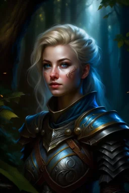 Portrait of an D&D cleric adventurer with blue eye color, blonde hair, solo, pinup, wearing classic adventuring armor, realistic eyes, girl, solo, canvas painting, dark colors, realistic Rembrandt lighting, dark forest background