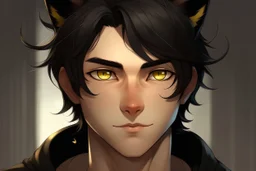 A young adult male with messy black hair, gold eyes, black cat ears, realistic, slight smile