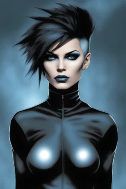ProtoVision - Absolute reality --a black and gray gradated wall in the background with fog -- If Billy Idol was an animated, emo female superhero -- facial portrait -- absolutely stacked, thin, petite, little, with great big giant bazoombas, short, military-cut, buzz-cut, pixie-cut black hair tapered on the sides, blue eyes, wearing short sleeved, nylon, Turtleneck half shirt, mini shorts, black fishnet stockings, punk rock styled, platform boots, black lipstick,