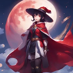 GENSHIN IMPACT[game GENSHIN IMPACT:1.5], Xu Tao [character Xu Tao:1.5],1girl, cape, hat, looking at viewer, moon, red theme, solo