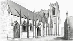 Ground-level black-and-white outline sketch of a small, ruined, gothic church with a tall, crooked roof and chimney and a cobbled street