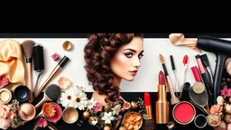 Designing a wall banner for a beauty salon horizontally with a photo of a beautiful bride's face with curly hair in the center and cosmetics around the image such as hair color varnish, hair dryer brush, lipstick, cheek rouge and all kinds of salon and nail tools in the field of chestnut and gold. black