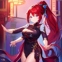 girl, masterpiece, best quality, volumetric lighting, detailed outfit, perfect eyes, red hair, purple eyes, ponytail, chinese clothes,