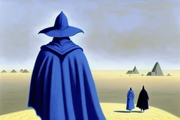 two people in capes and hoods seen from behind walking side by side in an empty foggy plain, above there is blue sky by artist "Leonora Carrington"