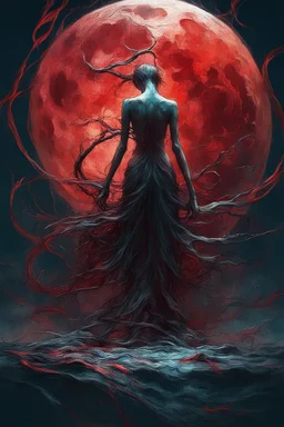 A dramatic digital painting portraying a figure under the Red Moon, veins pulsing, claws of temptation visible, soul in turmoil. In the style of Giger and Salvador Dali and Van Gogh, vivid colors, swirling brushstrokes, highly detailed, 8k resolution, surrealistic., by Ryohei Hase, Agnes Cecile, Raymond Swanland, Anne Bachelie