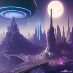 futuristic city with astroport and transparent bridges, galactic landsacape with multicolored crystals falling from the sky, full of details, smooth, bright sunshine，soft light atmosphere, light effect，vaporwave colorful, concept art, smooth, extremely sharp detail, finely tuned detail, ultra high definition, 8 k, unreal engine 5, ultra sharp focus, Retrowave