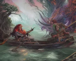 sango fantasy, fantasy magic, intricate, sharp focus, illustration, highly detailed, digital painting, concept art, matte, Greek mythology Charon ferryman, skeleton in full length cape, in boat on river styx, sharp jagged rocks, red purple blue colours, red hot lava river