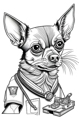 Chihuahua as a mechanic, coloring book page, realistic, simplistic