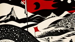 An abstract and contemplative illustration by Malevich and Kuniyoshi of a black and white desert landscape with a red pirate flag.