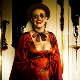 foto Ilford tiltshift surreale di persone con sorrisi enormi, show breast, carnevale, dettagli dei vestiti molto accentuati, misterioso, tenebroso, marcio, macabro, fiotti di liquido nero, Egon Schiele, Caravaggio, Gustav Klimt and Max Ernst style, hypermaximalist figures, light, details of the liquid extremely accentuated, Minicavio Quollati style, photography by Marlost Endgulp, dark atmosphere, 4k, sharp focus