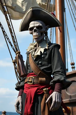 ,make a ugly human but very realistic. Make it wearing a pirate dress standing by the ship stern