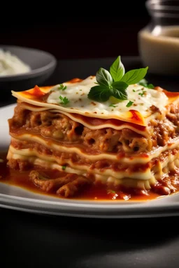 A plate of steaming hot lasagna, layered with rich tomato sauce, creamy ricotta cheese, and savory ground beef.
