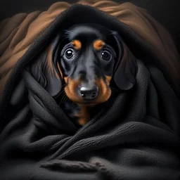 Disney style picture of a black and tan short hair dachshund puppy of 7 months. wrapped up in a blanket, more black than tan