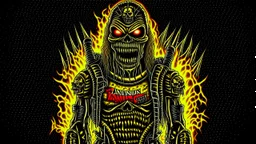 Terminator iron maiden rock band, 4k full detail, realistic, émission radio logo hardrock pentagram firestarter tribute to Black sabbath flammes en fond