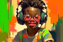 happy African little boyheadphones wearing sunglasses seated laughingSpeedpaint with _large brush, strokes, by Deymonaz, Jeremy Mann, Jeremy Mann, Pino Dani, Alphonse Mucha, Alex