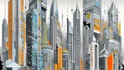 A futuristic cityscape with tall, angular skyscrapers and unique architectural structures in varying shades of grey, yellow, blue, green and orange, the buildings have intricate designs and patterns, creating an architecturally avant garde visual appearance.