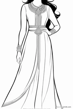 Coloring page for adults of a elegant fashion model woman wearing hindi dress, dynamic poses, full body portrait, thick and clean lines, clean details, no-color, no-turban, no-background, non color, non shading, no-grayscale, dynamic poses, full body portrait, thick and clean lines, clean details, no-color, no-turban, , non background, non color, non shading, no-grayscale, no color hair