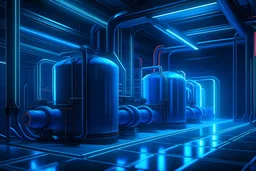 water filter system, factory area, hyperrealistic 16k, 3d rendering, expressively detailed, dynamic light, expressiv neon lighting, video game, neon lighting