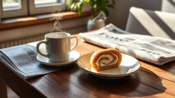 A single delicates roll cake filled citrone creme on a small ceramic plate on a wooden table. A steaming mug (possibly coffee or tea) and a folded newspaper are also on the table. Natural, warm sunlight streams in from a window on the left, casting pleasant shadows and creating a cozy, relaxed morning atmosphere