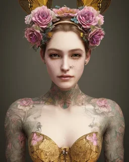 upper bust portrait, the queen of butterflies, corset, intricate metal work flower crown, butterfly wings on back, flower tattoos, 8k resolution concept art, dynamic lighting, intricately detailed, hyperdetailed, beautiful, ethereal, elegant, golden hour, (butterfly), gothic