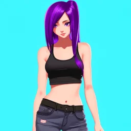 a pretty girl, skinny, relaxed, tank top, purple hair, digital art, stylised