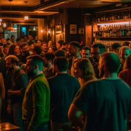 a crowded bar at night, lots of people, focus on a lonely person against the wall