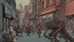 Creatures from 'Fiend without a face' chasing a woman down a street, detailed design, deep colour