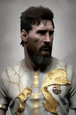 Realistic image, lionel Messi Roman sculpture made in marble with gold veins, gold laurel leaves crown, waist up portrait,marble material, gold ornaments, Renaissance style, sun rays background, epic, celestial, cinematic lighting, God lights, 4k resolution, smooth details, soft lighting, unreal engine 5, art station, substance 3d.