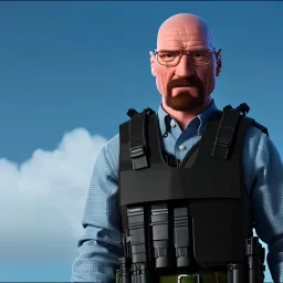 Walter White cyborg, 8k, tactical vest, helmet, gun.