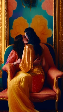 Masterpiece, fine art, award winning, "like Gustav Klimt : the Kiss in a chair" 2 w, RAW photo, eye candy in the style of (petra collins::Robin Eley:1.5), (Suhaila Ben Lachhab::Heidi Moussa:1.5) in breathtaking cinematic shot (full body shot, from below angle) that emphasizes the stunning cheek bones, texturized black hair,(big detailed eyes:1.5) (cottagecore aesthetic:5) with extreme sensuality, Irresistible with (porcelain skin:4.8), sitting on an old chair, retro vintage style