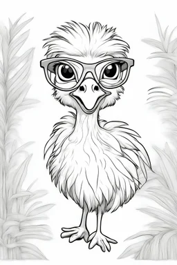 Outline art for cute coloring pages with ostrich with glasses, full body, white background, sketch style, only use outline, clean line art, no shadows and clear and well outlined.