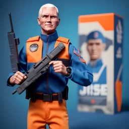 a large pile of Mike Pence G.I. Joe toy Doll spaceforce uniform, orange blue fabric, guns, wall packaging for sale, bright pricetag, fingers, empty box