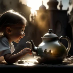 A teapot is shining and a child is looking at it, laughing, and the child’s image is reflected in the teapot, and behind the child is the reflection of a destroyed city.