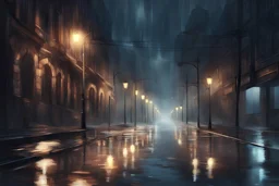Beautiful illustration of an empty rain soaked street in the city, street lights on either side, 4k concept art