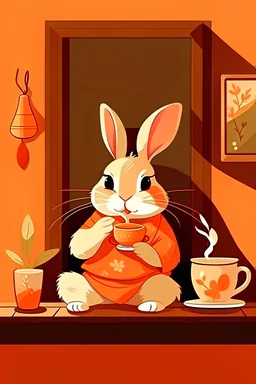 a cute rabbit in japanese style drinking a coffee, in a room with warm colors
