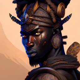 African warrior, ominous, dnd character portrait, waist up portrait, intricate, oil on canvas, masterpiece, expert, insanely detailed, 4k resolution, retroanime style, cute big circular reflective eyes, cinematic smooth, intricate detail , soft smooth lighting, vibrant colors, hokusai style arm sleeve tatoo