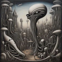 Quirky surreal dreamscape, by Phlegm, Giger, pneumatic alien, abstract, acrylics