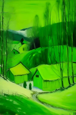 A neon green clearing with tribal huts painted by Maurice Utrillo