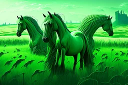 illustration fantasy green horses in a field from afar