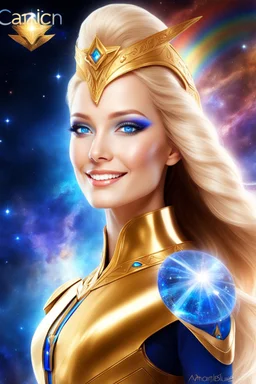 cosmic woman smile, admiral from the future, one fine whole face, crystalline skin, expressive blue eyes,rainbow, smiling lips, very nice smile, costume pleiadian, Beautiful tall woman pleiadian Galactic commander, ship, perfect datailed golden galactic suit, high rank, long blond hair, hand whit five perfect detailed finger, amazing big blue eyes, smilling mouth, high drfinition lips, cosmic happiness, bright colors, blue, pink, gold, jewels, realist, high,rainbow commander, intergalactic ufos