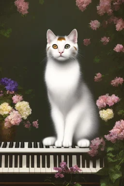 A young beautiful cat, portrait, is sitting on a piano, with some flowers around.