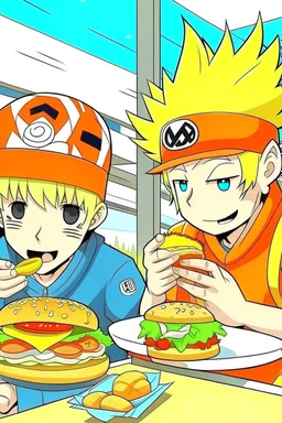 Naruto and mario eating a burger in japan.