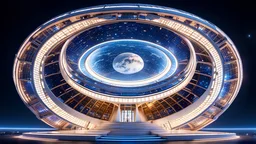 futuristic fantastic symmetrical circular spaceship, exterior view with stars and planet, year 2060, night, beautiful, colorful, totally symmetrical design, style Shigeru Ban, cosmic innovative architecture, award-winning photograph, awesome, serene, inspiring, spiritual, impressive, cinematic lighting, epic composition, photorealism, very high detail, Unreal Engine, Octane render, HDR