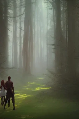 Deux personnes marchent dans magnifique forêt fantaisie décor mystique, Jeune homme grand musclé cheveux très longs bruns bouclés habillé en bûcheron, jeune femme petite fine magnifique cheveux longs roux, couleurs vibrantes, hyper réaliste