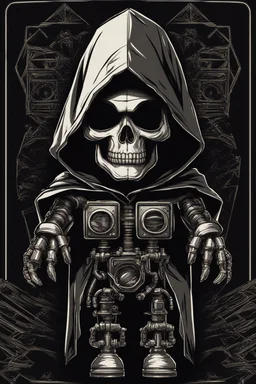 skull head on toy robot in a black hooded cloak drawn in a retro mascot style, inside a light diamond shape on a black background, monochromatic