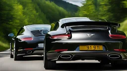 A sleek rear view of (((a cross of bentley and porsche 911))), on street, with hill and trees around, a beautiful clouds and sunny weather