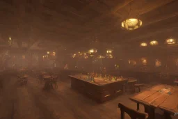 fantasy setting, a tavern, with a large dining room and a bar on one side. At the bar, a larger, older man with no hair is standing, conversing with a dwarf sitting in a bar stool on the other side. A large fireplace in the center of the room. In addition to that, there are a handful of guests scattered around the room…