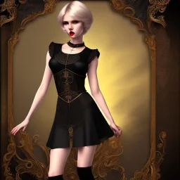 Russian short hair beautiful damsel boyish boylike wide hips round hips shortcut in black girlish lacy dress in black magic room