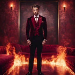 Hyper Realistic Handsome-Muscular-Man-with-little-smile Wearing Maroon-&-Black-Velvet-Tuxedo in flame-patterned-vintage-wall with glowing-embers on the floor in a dark-room with fancy-couch-&-fancy-lamps-on-wall